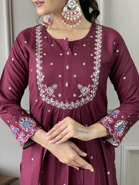 Ethnic Yard Floral Embroidered Pleated Sequinned Straight Kurta With Trouser & Dupatta