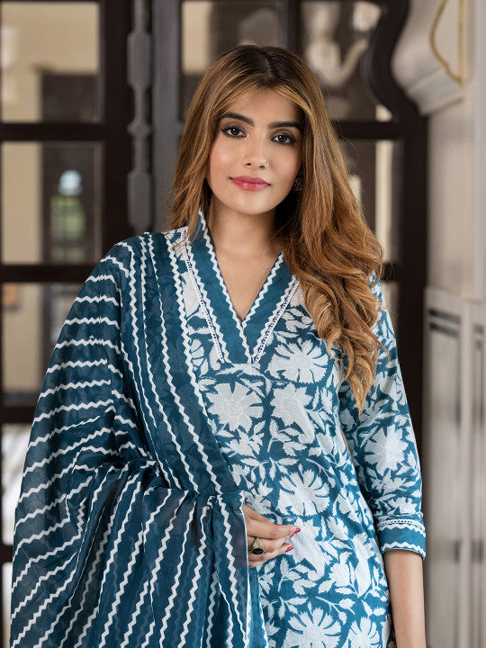 Jaitpuriya Floral Printed V-Neck Pure Cotton Straight Kurta With Trousers & Dupatta