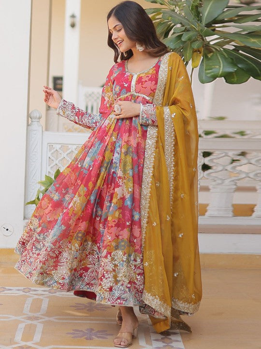 Fashion Basket Floral Printed Embroidered Round Neck Anarkali Kurta