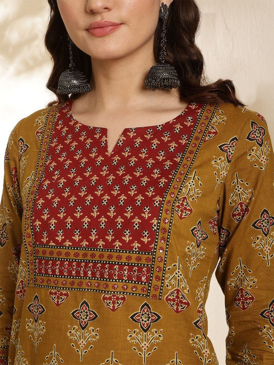 Floral Printed Pure Cotton Straight Kurta & Trousers With Dupatta
