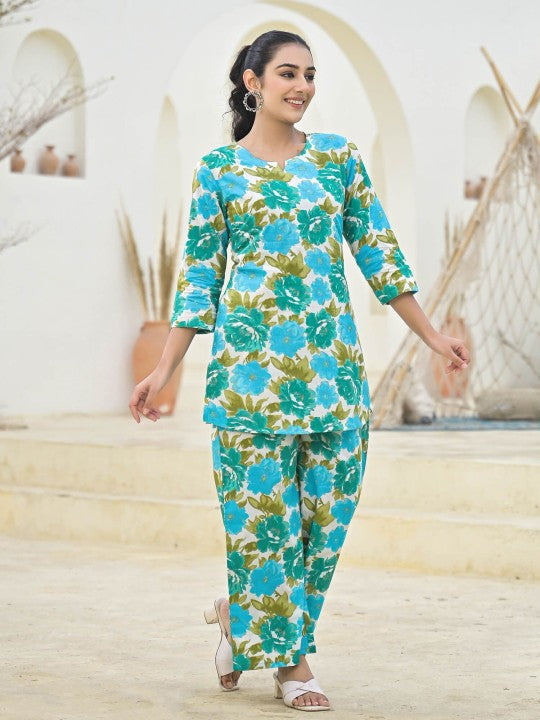 Floral Printed Pure Cotton Tunic With Palazzo