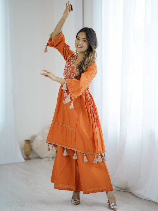 SWEETPEL Women Ethnic Motifs Embroidered Mirror Work Raw Silk Kurta with Palazzos