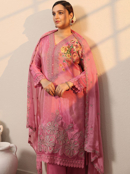 EXTRA LOVE BY LIBAS Floral Printed V-Neck Straight Kurta With Trousers & Dupatta