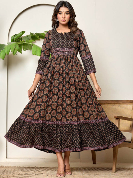 ADAA JAIPUR Floral Printed Cotton Fit & Flared Maxi Ethnic Dress