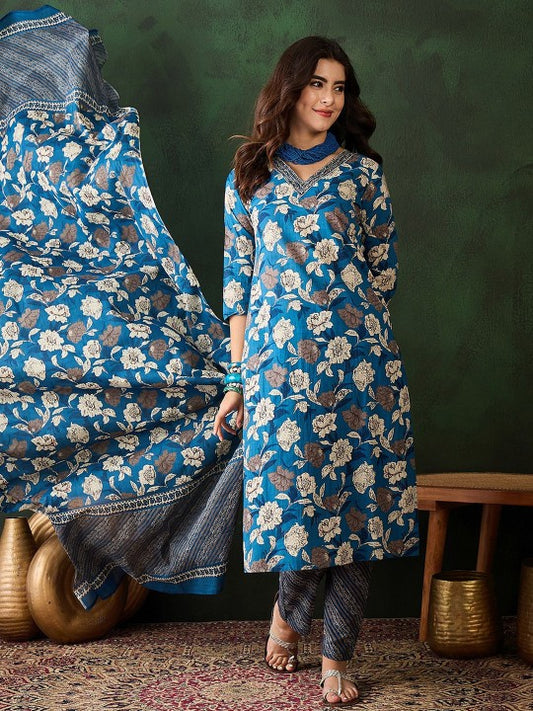 Floral Printed Sequinned V-Neck Pure Cotton Straight Kurta & Trouser With Dupatta