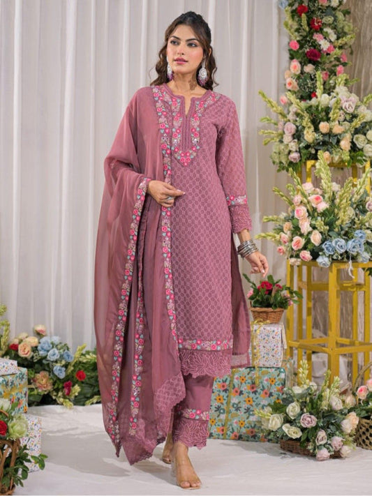 AUTUMN LANE Women Floral Embroidered Thread Work Pure Cotton Kurta with Trouser & Dupatta