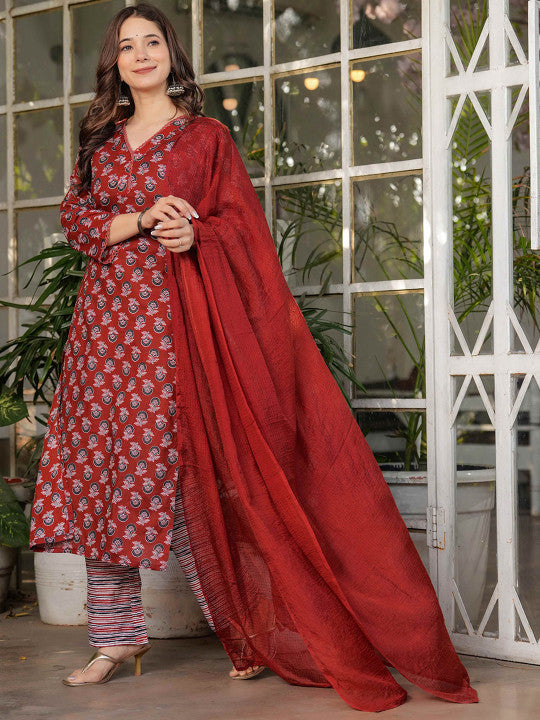 VARNI FABRICS Ethnic Motifs Printed V-Neck Kurta With Trousers & Dupatta
