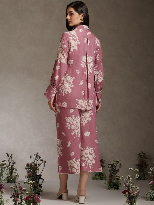 Floral Printed Shirt Collar Tunic With Palazzo Co-Ords