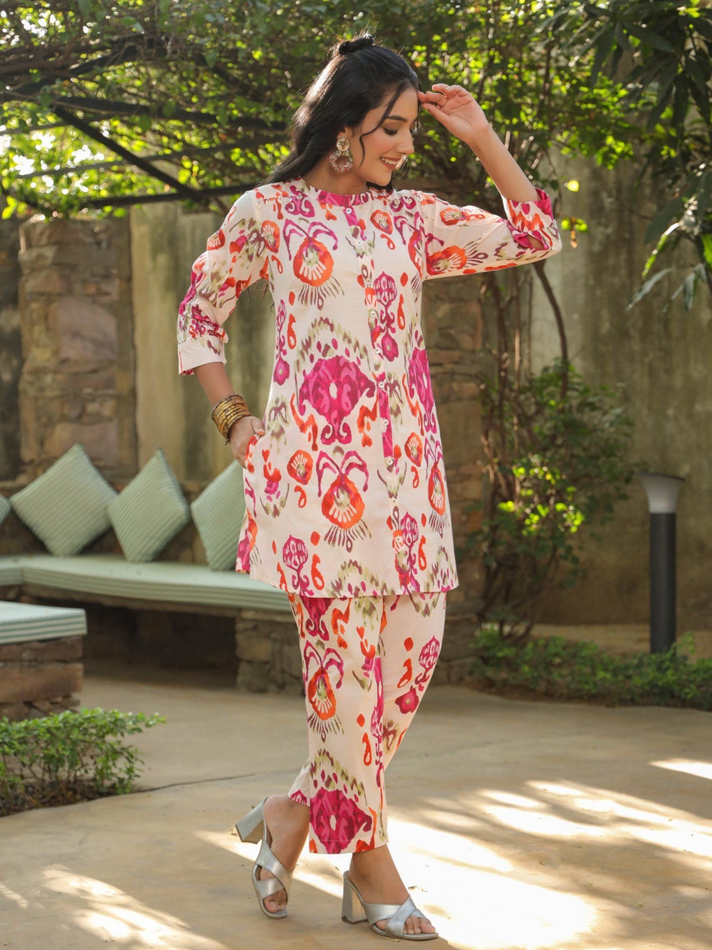 Women Multi Floral Printed Pure Cotton Tunic with Trousers (Set of 2)