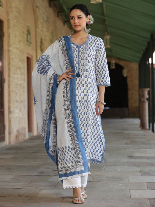 Blue Ethnic Motifs Printed Kurta with Trousers &amp; Dupatta (Set of 2)