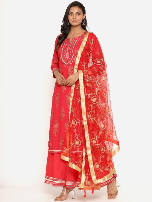 Fabriko Women Red Ethnic Motifs Printed Gotta Patti Kurta with Palazzos & With Dupatta