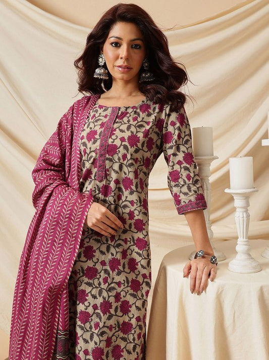Ginni Arora Label Floral Printed Pure Cotton Straight Kurta & Trouser With Dupatta