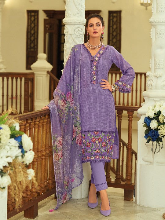 Varanga Geometric Printed Notch Neck Thread Work Pure Cotton Kurta With Trouser & Dupatta