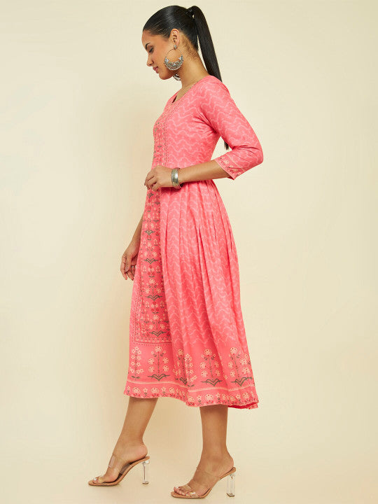 Neck Ethnic Motifs Printed Cotton Fit and Flare Ethnic Dress