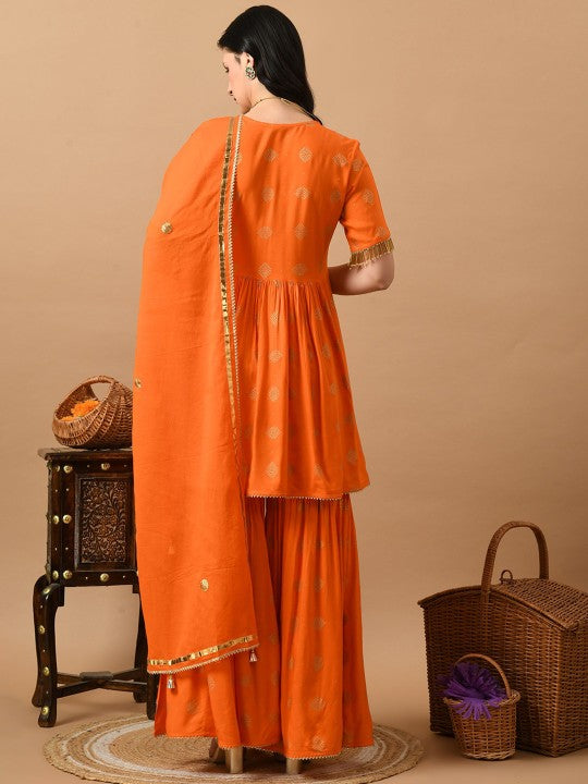 ETISHA Ethnic Motifs Printed Embellished Zari Anarkali Kurta With Sharara &  Dupatta