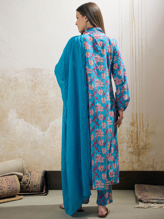 Floral Printed Pure Cotton A-Line Kurta With Palazzos And Dupatta