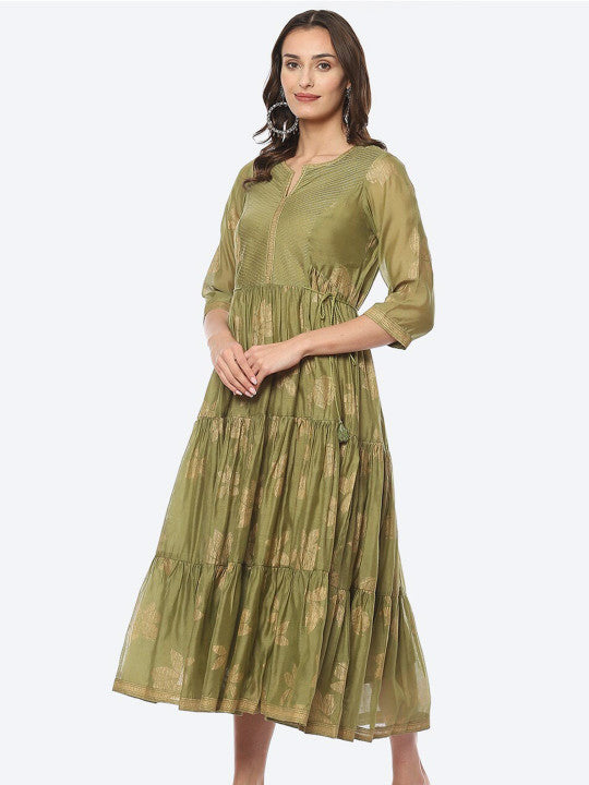 Biba Ethnic Motifs Printed Tiered Cotton A-line Ethnic Dress