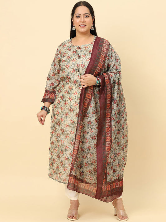 Sringam Plus Size Floral Printed Chanderi Cotton Kurta with Trousers & Dupatta