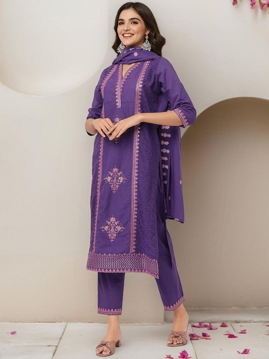 Ishin Floral Embroidered Regular Pure Cotton Straight Kurta with Trousers & Dupatta