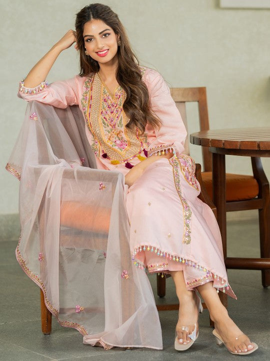 Indo Era Floral Embroidered V-Neck Sequinned A-Line Kurta
