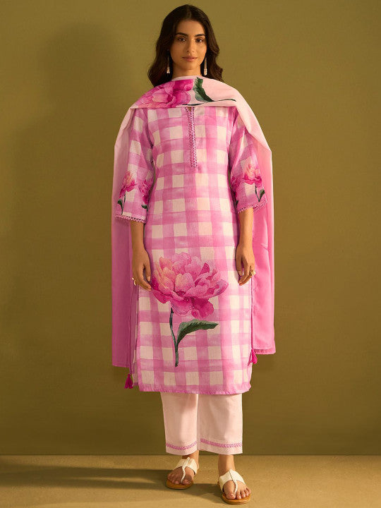 Indo Era Checked  V-Neck Linen Straight Kurta With Trousers & Dupatta