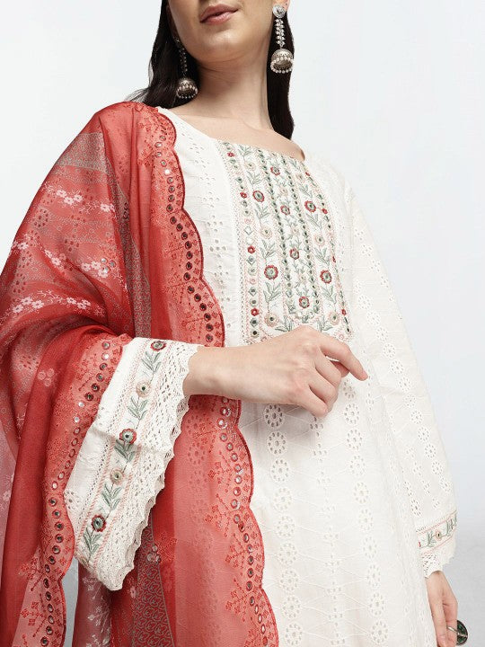 Ishin Women Floral Printed Cotton Kurta with Trousers & Dupatta
