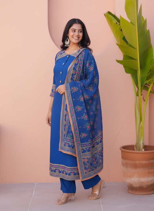 Viscose Solid Straight Blue Kurta