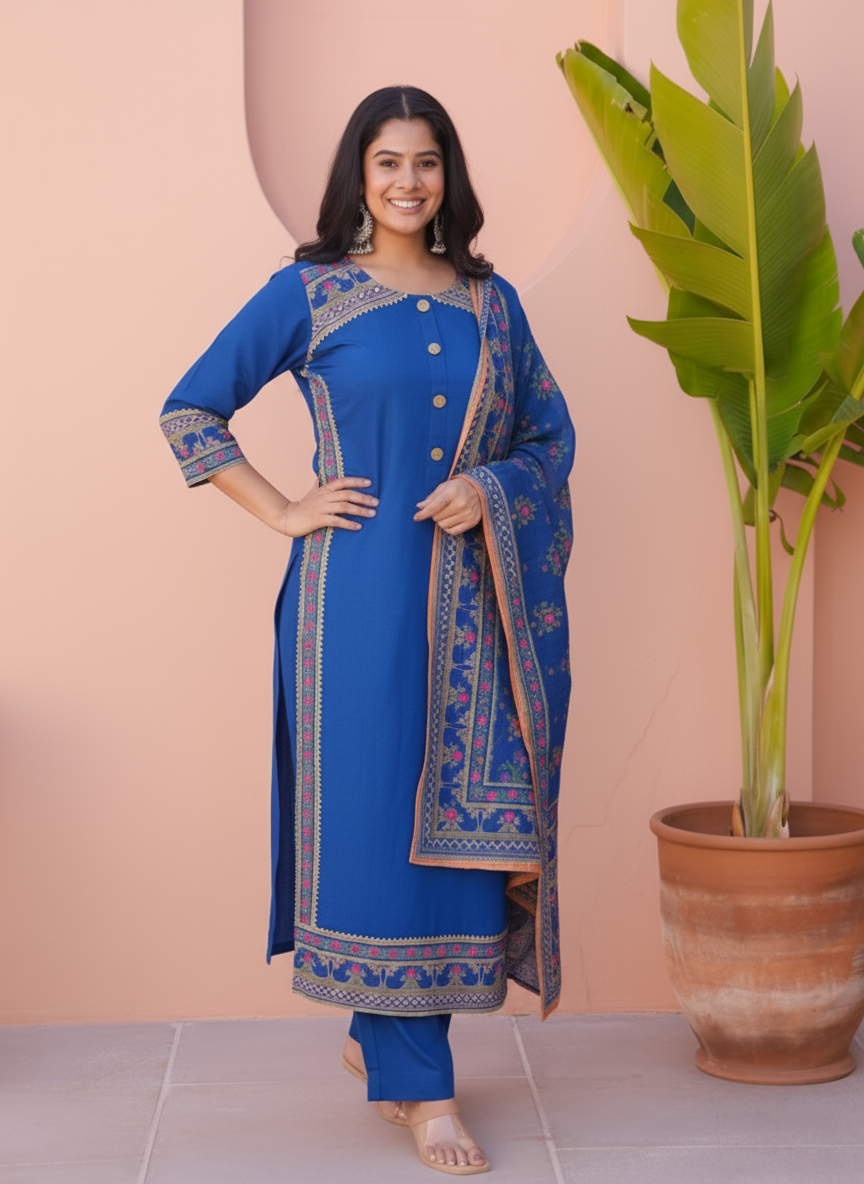Viscose Solid Straight Blue Kurta