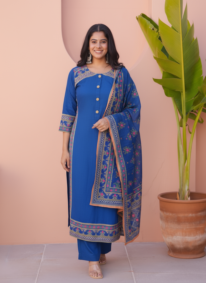 Viscose Solid Straight Blue Kurta