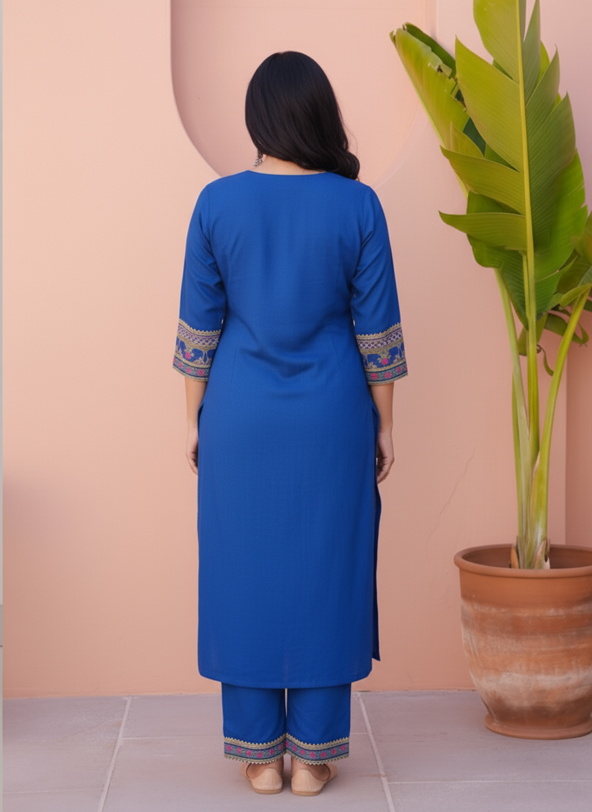 Viscose Solid Straight Blue Kurta