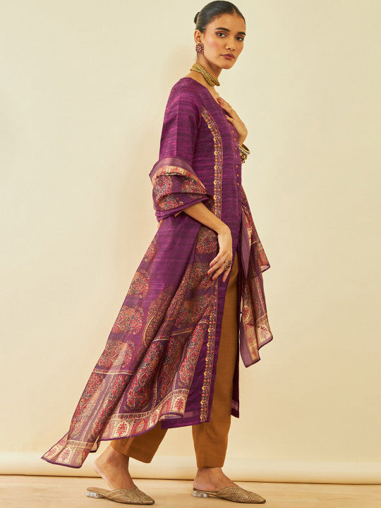 Floral Printed Regular Thread Work Kurta With Trousers & Dupatta