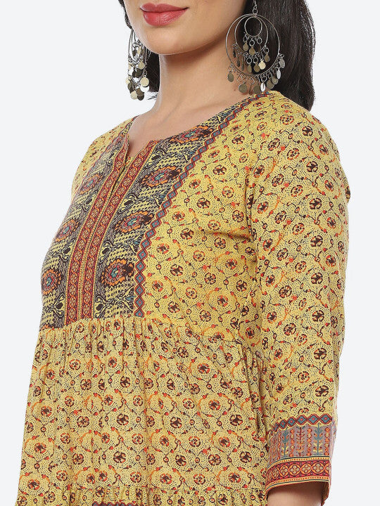 Biba Yellow Ethnic Motifs Printed Midi Cotton Ethnic Dress