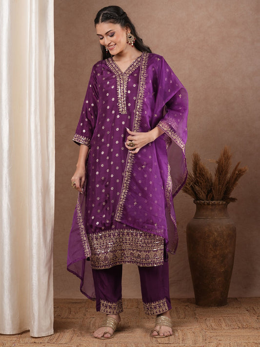 Ethnic Woven Straight Kurta with Pant &amp; Dupatta - Purple (Set of 3)