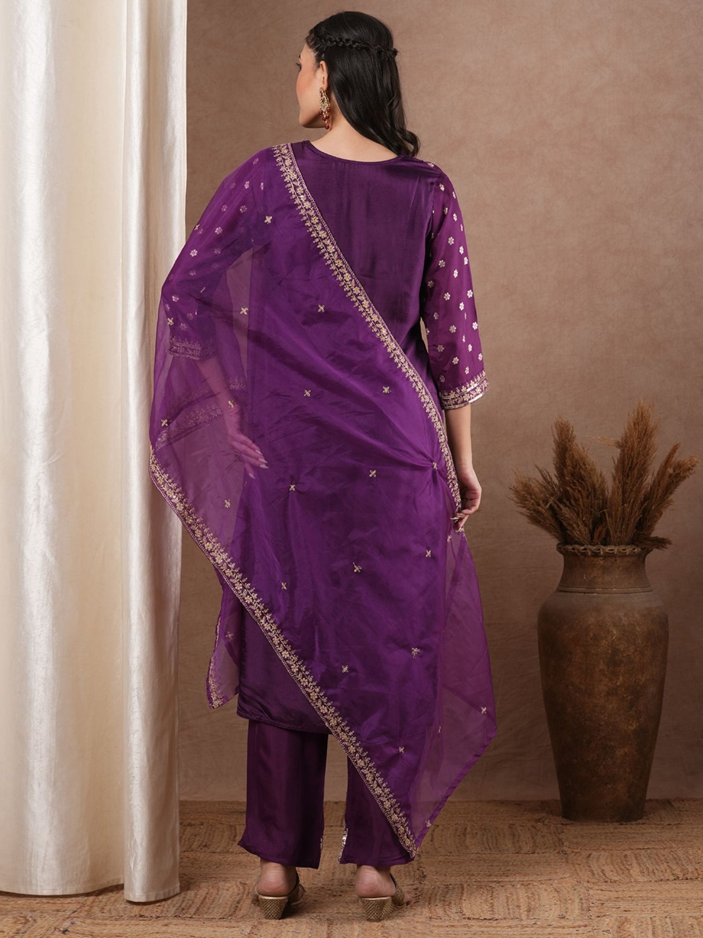 Ethnic Woven Straight Kurta with Pant &amp; Dupatta - Purple (Set of 3)
