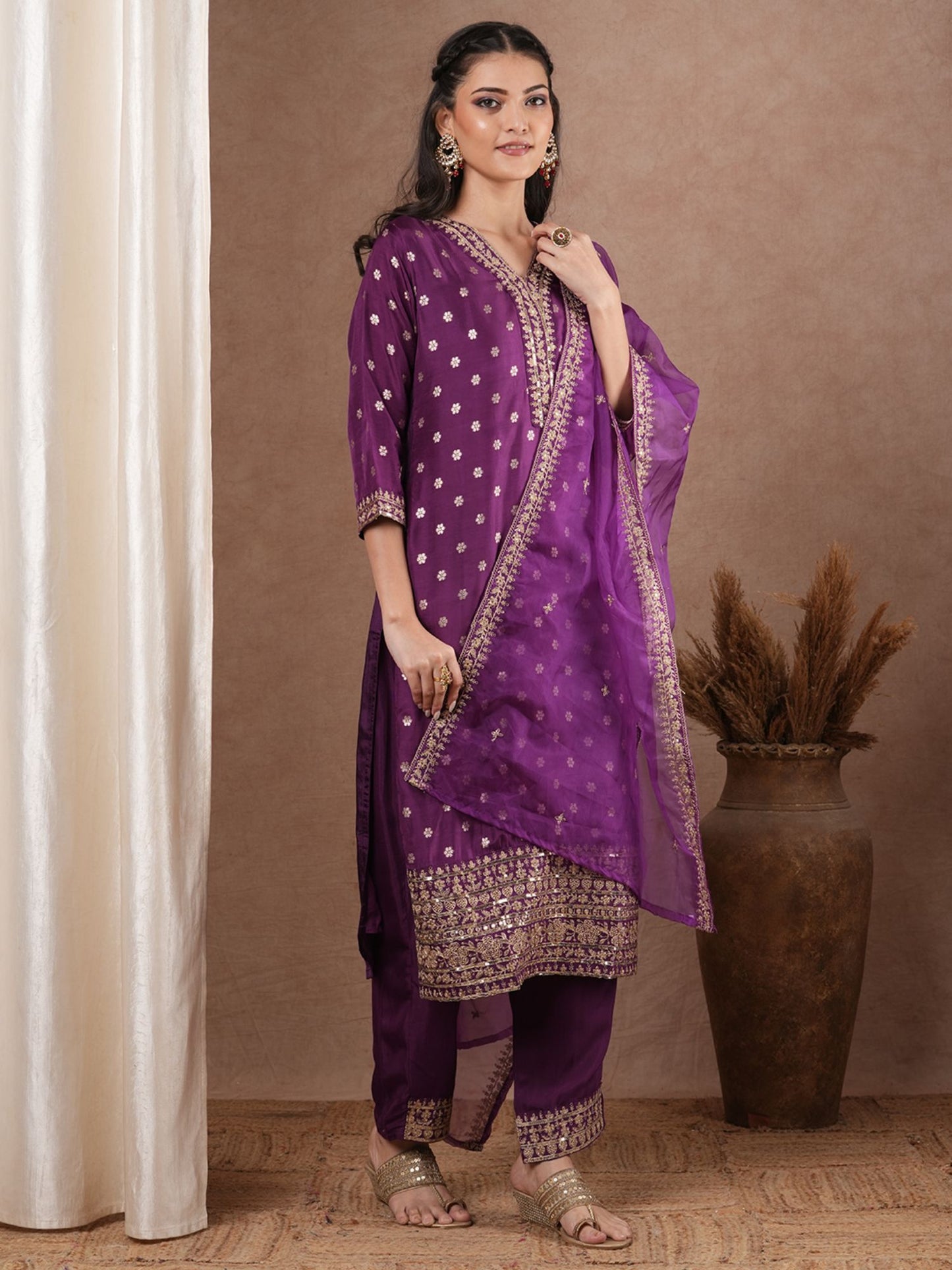 Ethnic Woven Straight Kurta with Pant &amp; Dupatta - Purple (Set of 3)
