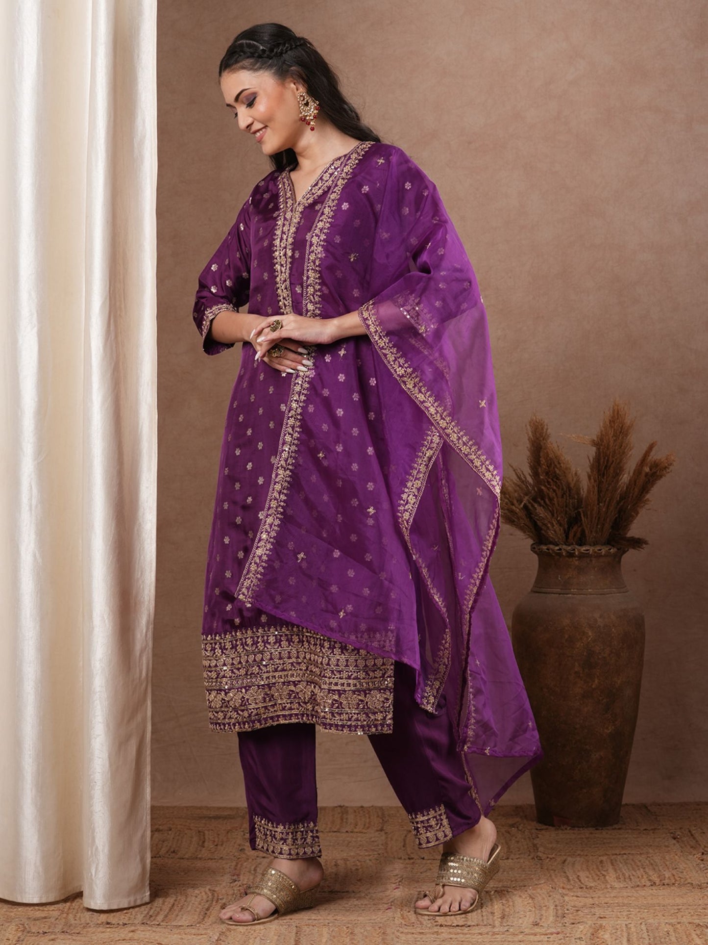 Ethnic Woven Straight Kurta with Pant &amp; Dupatta - Purple (Set of 3)
