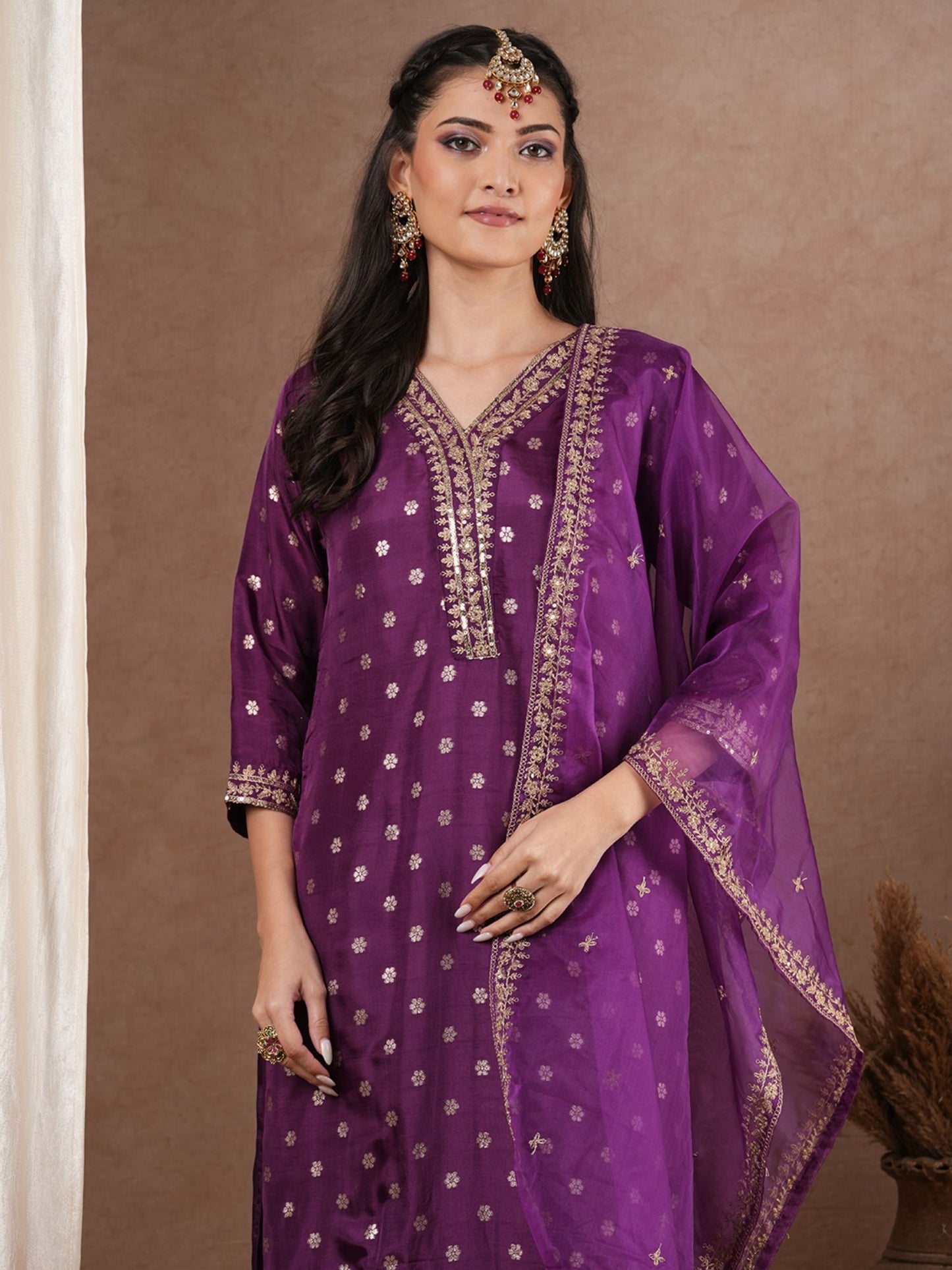 Ethnic Woven Straight Kurta with Pant &amp; Dupatta - Purple (Set of 3)
