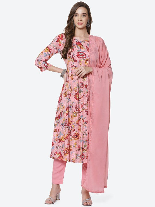 Biba Women Pink Floral Printed High Slit Kurta with Trousers & With Dupatta