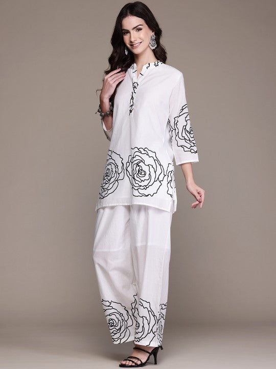 Floral Printed Pure Cotton Tunic With Palazzos