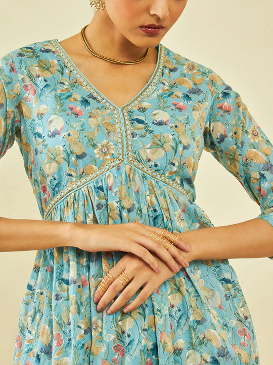 Floral Printed V-Neck Gathered Detailed Cotton Empire Midi Ethnic Dress