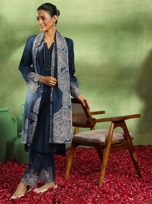 Teal Yoke Embellished Straight Kurta with Pant &amp; Dupatta (Set of 3)
