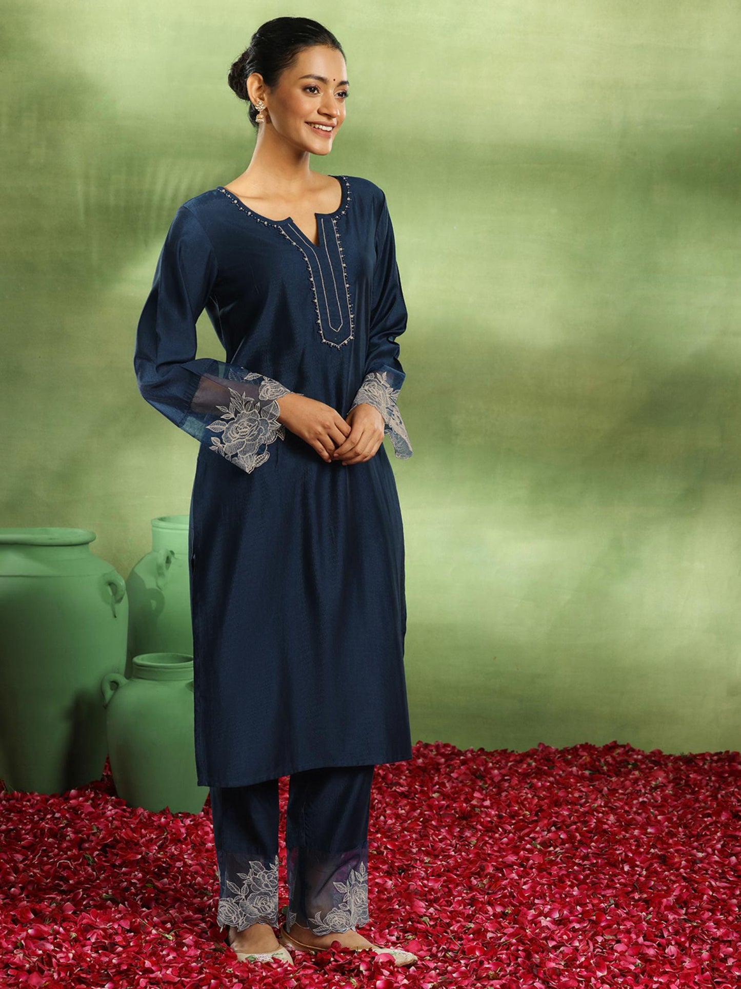 Teal Yoke Embellished Straight Kurta with Pant &amp; Dupatta (Set of 3)