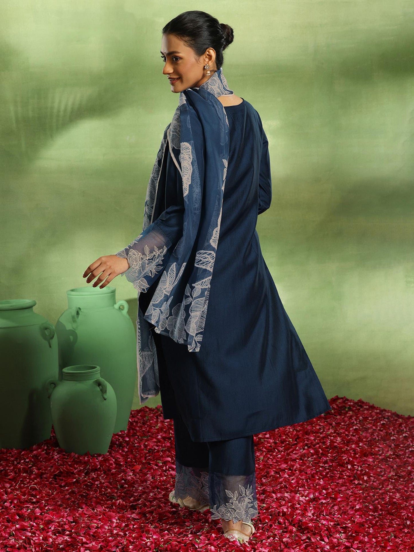 Teal Yoke Embellished Straight Kurta with Pant &amp; Dupatta (Set of 3)