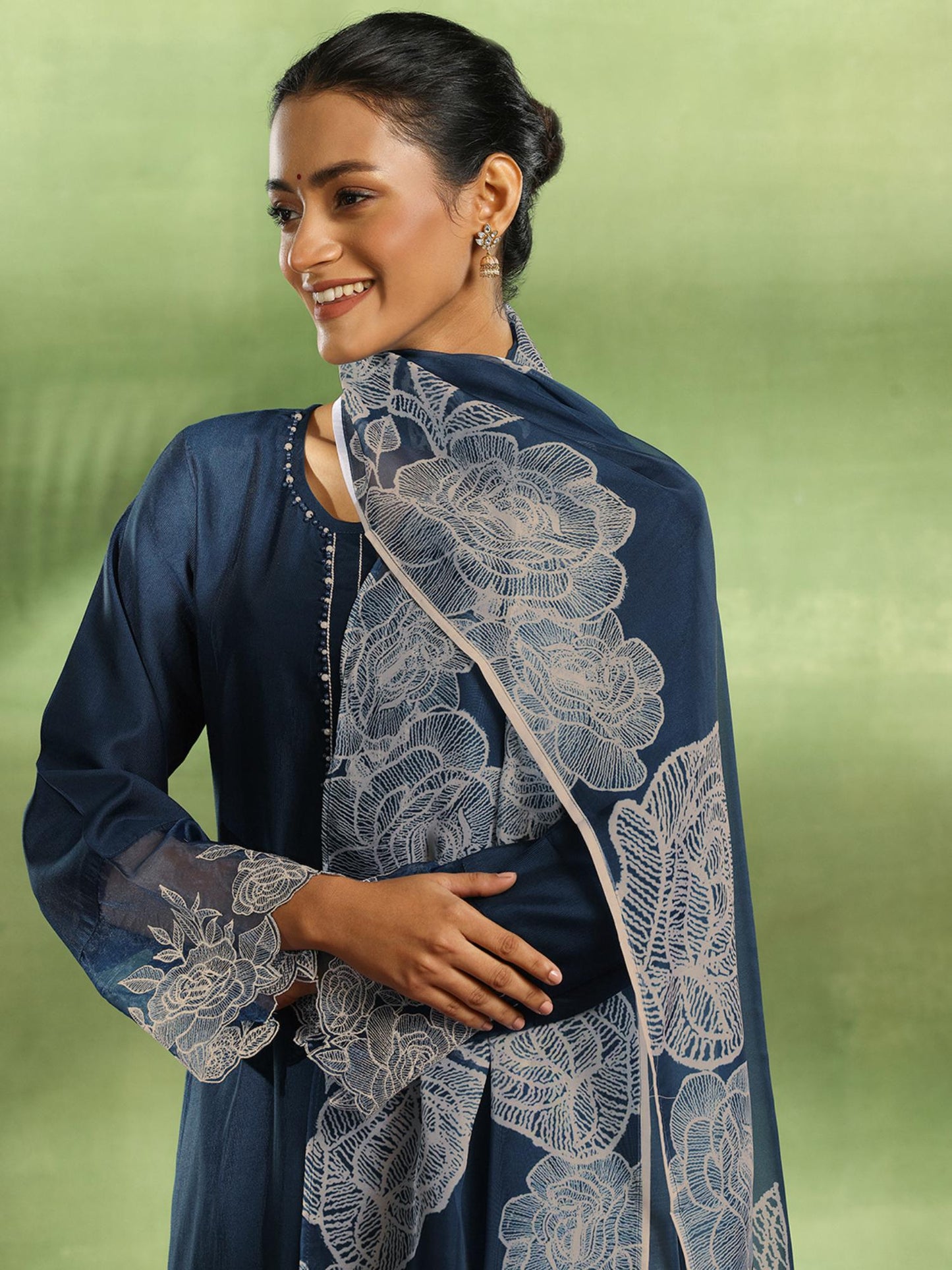 Teal Yoke Embellished Straight Kurta with Pant &amp; Dupatta (Set of 3)