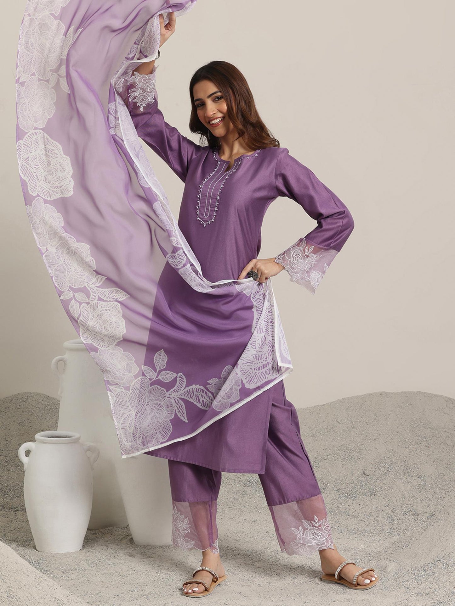 Yoke Embellished Straight Kurta with Pant &amp; Dupatta (Set of 3)