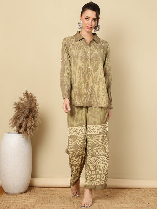 Womens Olive Hand Bagru Printed Co-Ord (Set of 2)