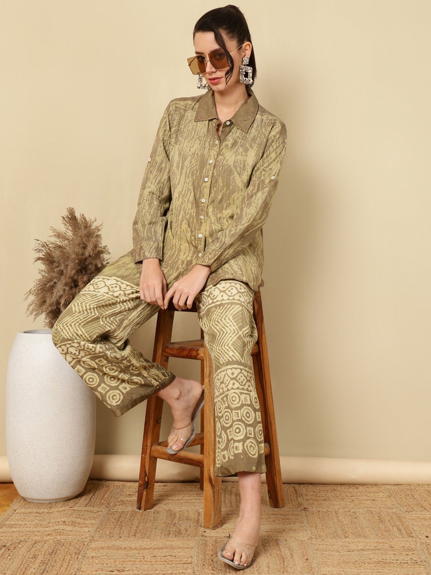 Womens Olive Hand Bagru Printed Co-Ord (Set of 2)