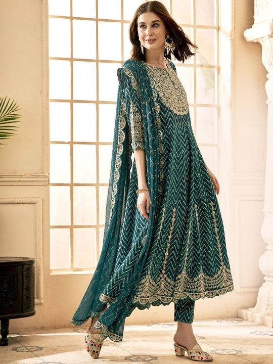 Anouk Embroidered Empire Thread Work Kurta With Trousers & Dupatta
