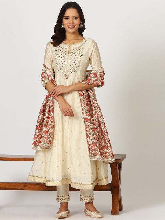 W Off White Floral Embroidered Keyhole Neck Regular Kurta With Trouser With Dupatta