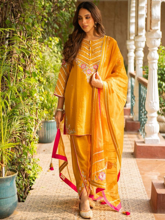 AJIESH OBEROI Floral Embroidered Thread Work Kurta With Dhoti Pants & Dupatta